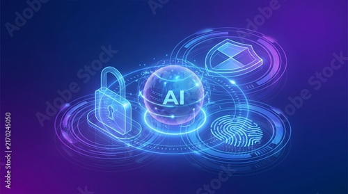 AI-driven digital security concept a central artificial intelligence orb surrounded by interconnected icons for data protection, cyber defense, and biometric authentication in a futuristic network