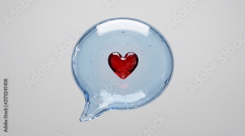 Transparent Blue Glossy Speech Bubble with a Red Heart Icon Symbolizing Love and Digital Communication