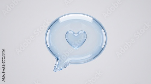 A clear, transparent bubble with a heart shape inside, symbolizing love, communication, and affection, rendered in a smooth, glossy style on a plain background