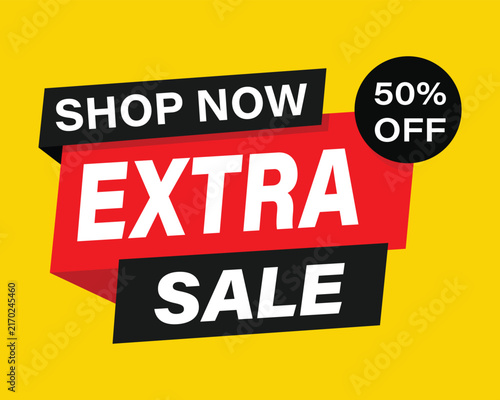 Extra sale fifty percent off promotional banner with yellow background shop now discount badge