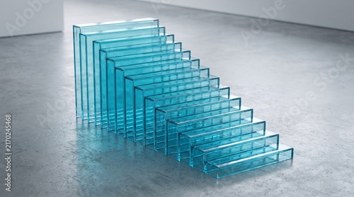 Translucent aqua panels stacked in an ascending stair-like pattern, forming a modern architectural sculpture, highlighting minimalist design and captivating light reflections