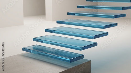 Futuristic Abstract Architecture Featuring a Floating Staircase of Transparent Blue Glass Panels in a Minimalist Space