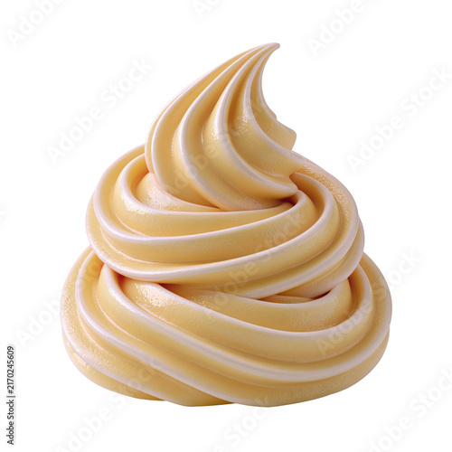 Elegant cream frosting swirl with warm beige tones and glossy dimensional layers isolated on transparent background for pastry design assets