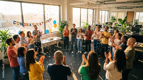 Diverse team of coworkers applauding and celebrating success together in a modern office with confetti falling