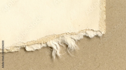 Minimalist torn paper edge texture background featuring frayed white fibers on neutral craft cardboard surface for design