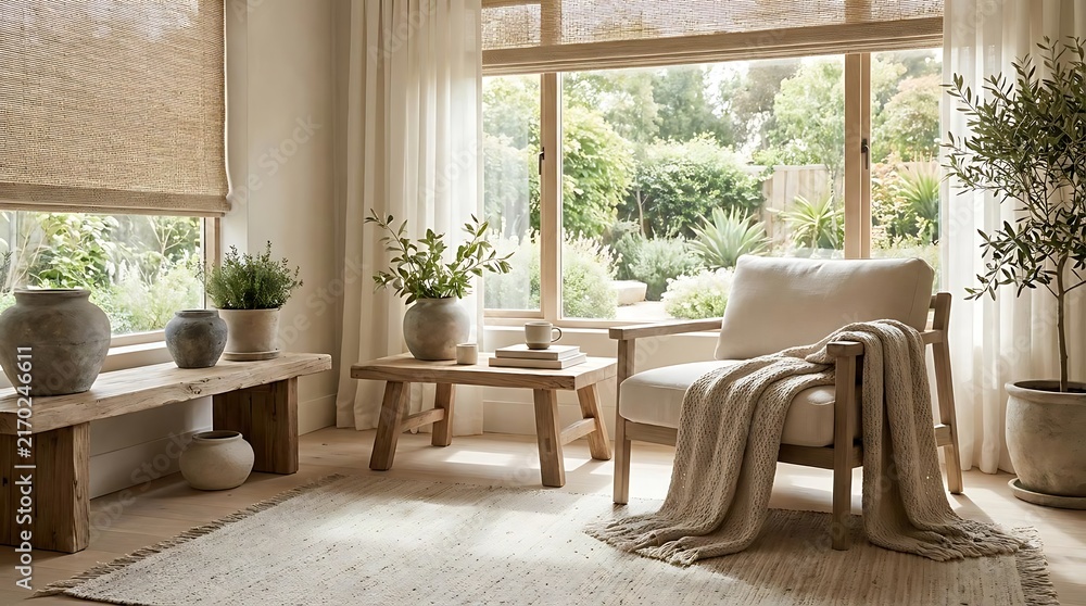 Fototapeta premium Airy modern sunroom with plants and furniture.