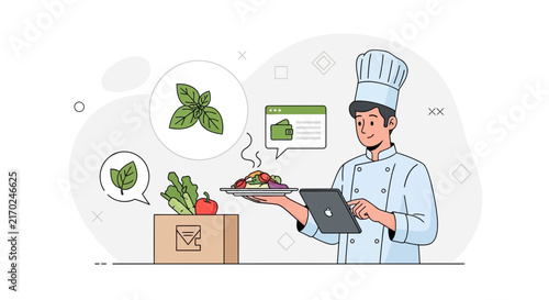 Chef with Tablet and Food Delivery Box, Online Ordering and Payment Concept