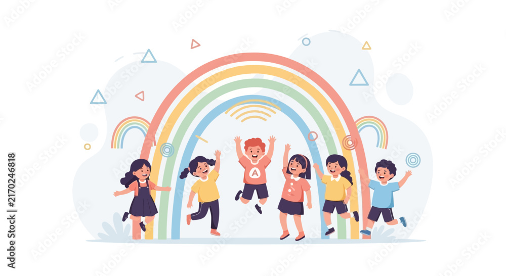 Fototapeta premium Diverse Children Jumping Joyfully Under a Vibrant Rainbow in a Whimsical Illustration