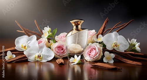 Elegant perfume bottle surrounded by white orchids and pink roses with fragrance