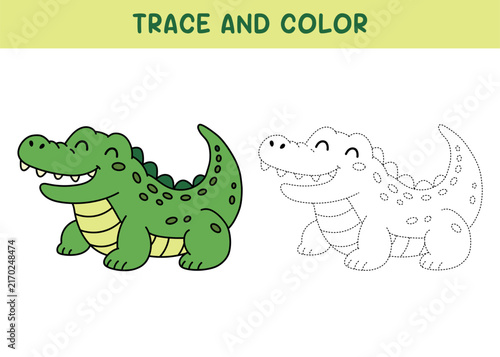 Cute Alligator Crocodile Coloring Page for Kids. Trace and Color Crocodile. Perfect for Kids, Toddlers, Preschoolers, Kindergarten Students, Homeschool Activities Printable and Creative Learning Fun. 