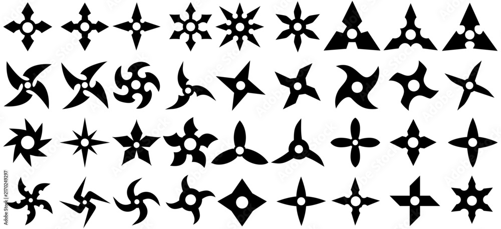 Fototapeta premium set vector different shuriken silhouette icon collections. Japanese ninja weapons symbol throwing weapons template design vector illustration