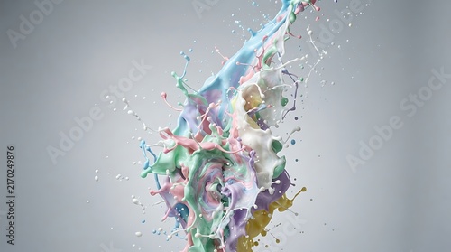 Vibrant multicolored liquid paint splashes frozen in a dynamic artistic explosion