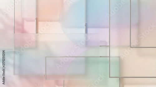 Abstract composition featuring translucent geometric glass plates with soft pastel colors