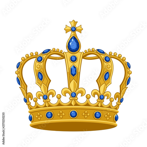Foto Golden royal crown with blue gemstones isolated on white
