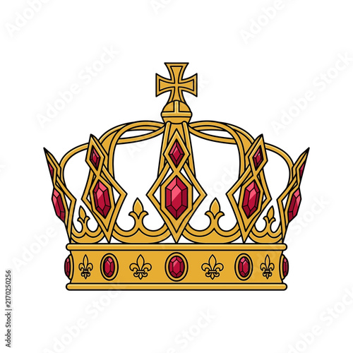 Quadro su tela Golden Royal Crown with Red Gemstones Illustration