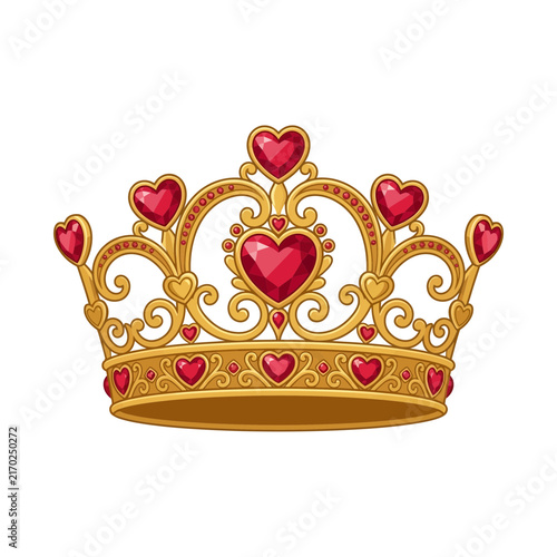 Golden Royal Crown with Red Heart Gemstones Illustration