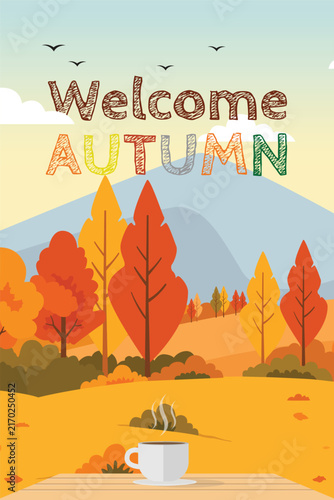 Welcome Autumn Coffee Mug Countryside Mobile Story Vector Template