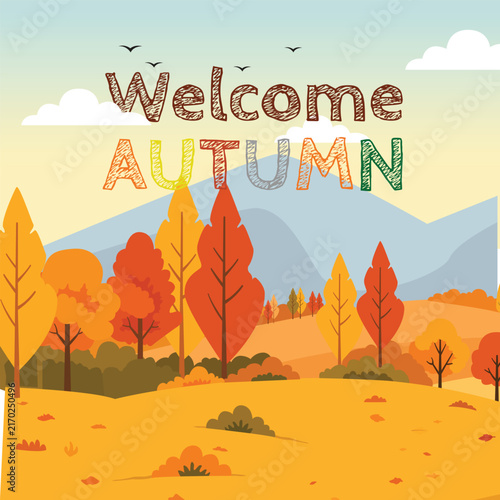 Welcome Autumn Countryside Landscape Square Vector Illustration