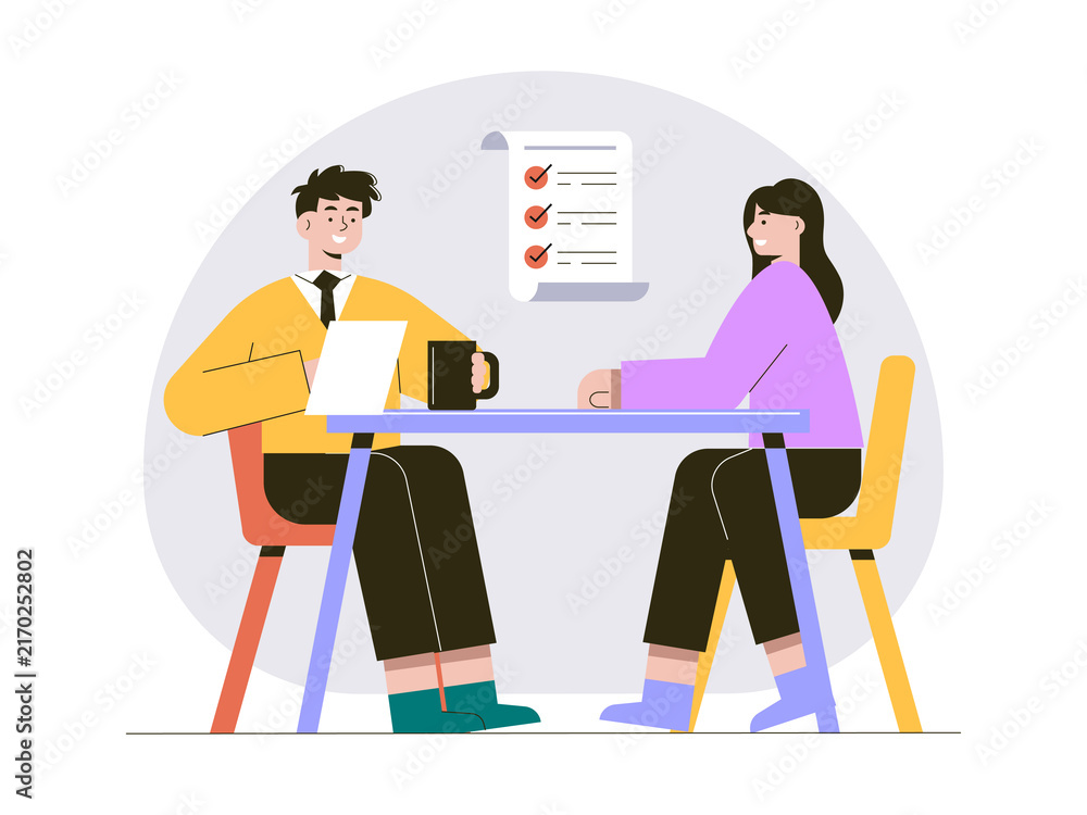 Fototapeta premium A job interview or professional meeting between two people sitting across from each other at a table. Internship illustrations. Flat vector concepts.