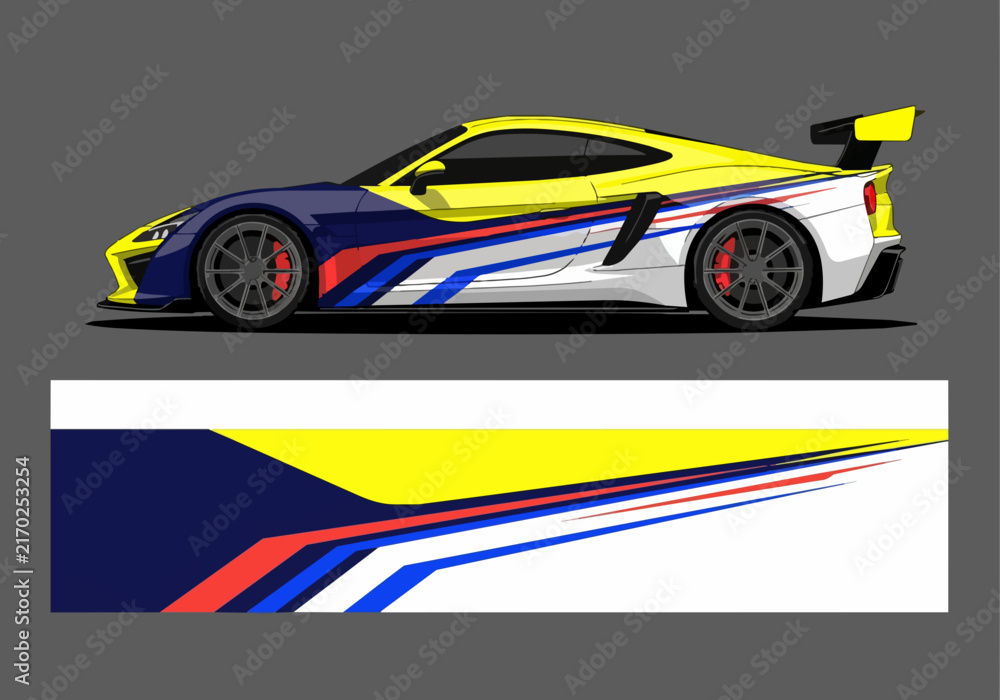 Fototapeta premium Yellow and blue sports car with racing stripes illustration