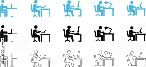 Set of office worker icons showing people sitting at desks with computers in different styles and colors