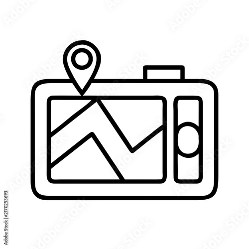 Camera with map and photo icon - Minimalist camera icon displaying a map pin and photo frame, perfect for travel, social media, or app design.