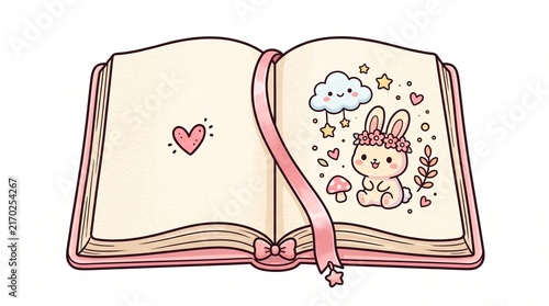 Open pastel kawaii storybook with cute bunny and heart