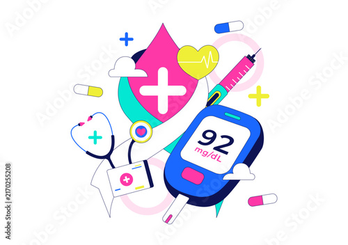 World Diabetes Day Vector Illustration Featuring Blood Glucose Meter, Insulin Syringe, Awareness Ribbon, Healthy Lifestyle and Medical Care