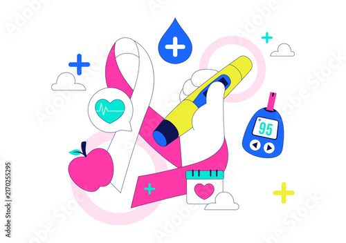 World Diabetes Day Vector Illustration Featuring Blood Glucose Meter, Insulin Syringe, Awareness Ribbon, Healthy Lifestyle and Medical Care