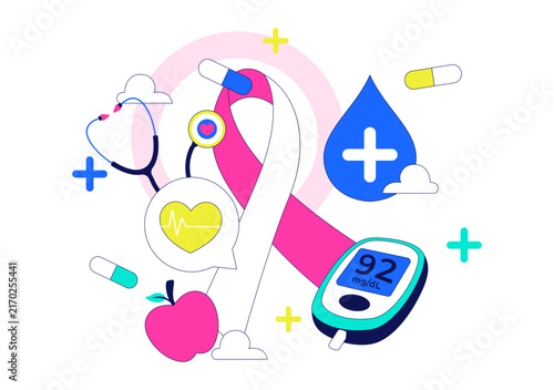 World Diabetes Day Vector Illustration Featuring Blood Glucose Meter, Insulin Syringe, Awareness Ribbon, Healthy Lifestyle and Medical Care