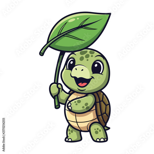 Turtle Character Holding a Green Leaf as a Cute Umbrella