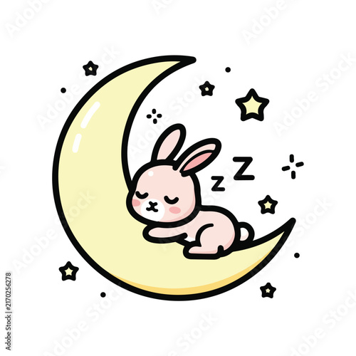 Rabbit Sleeping on Crescent Moon with Stars Vector Illustration