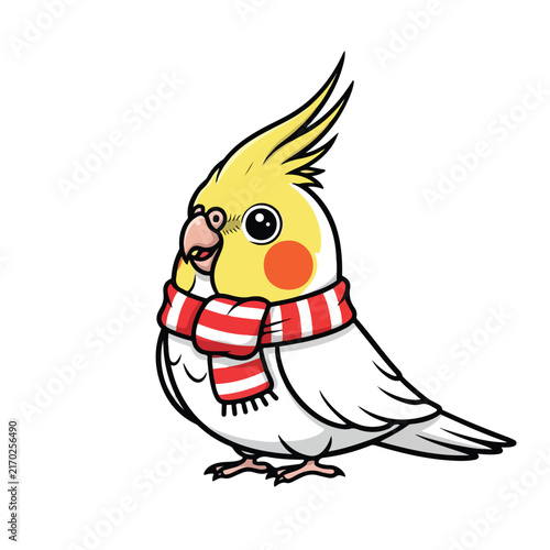 Cockatiel Bird Wearing Red Scarf Illustration for Winter Design