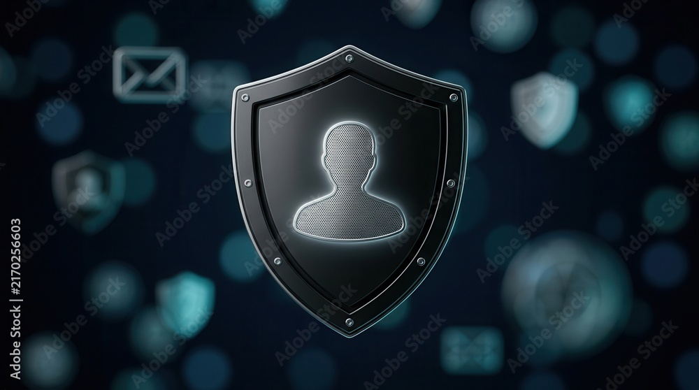 Fototapeta premium Digital shield icon with a user profile for cybersecurity and data protection.
