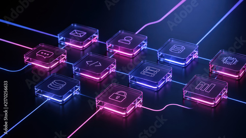 Obraz na płótnie Digital ecosystem integration network featuring glowing glass nodes connecting business applications and secure data processing systems
