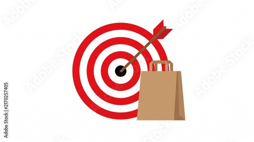 Targeted marketing concept with arrow hitting bullseye and shopping bag
