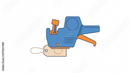 Blue and orange price tag gun with a blank tag attached ready for use in retail or clothing stores