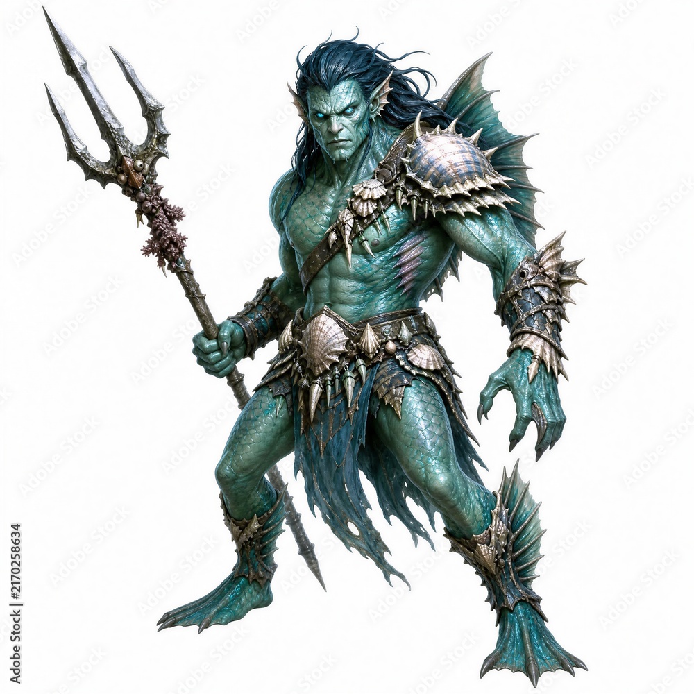 Fototapeta premium Aquatic Merman Warrior with Trident and Scale Armor on White Background