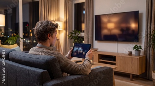Young man sitting on a sofa in a modern living room using a digital tablet with holding looking digital man headphones around night while holding