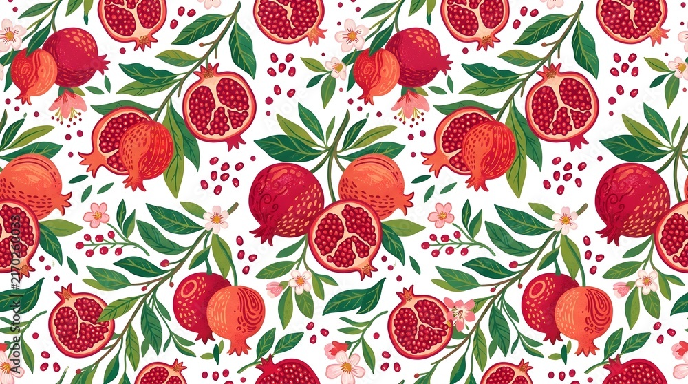 Watercolor pomegranate seamless pattern with sliced fruits and green leaves watercolor fruit red fruit