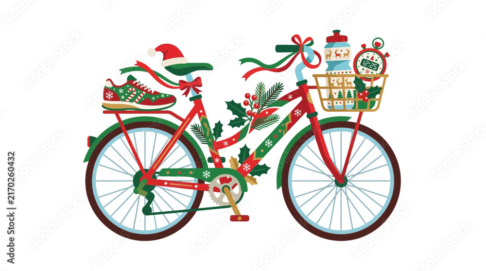 Naklejka premium Christmas Decorated Bicycle with Sports Gear Vector Illustration