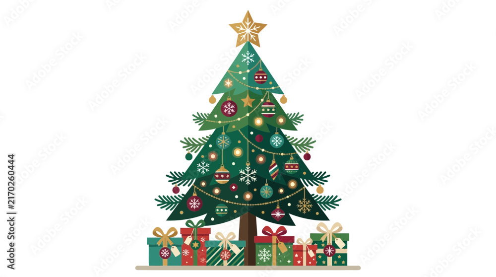 Naklejka premium Decorated Christmas Tree with Gift Boxes Vector Illustration