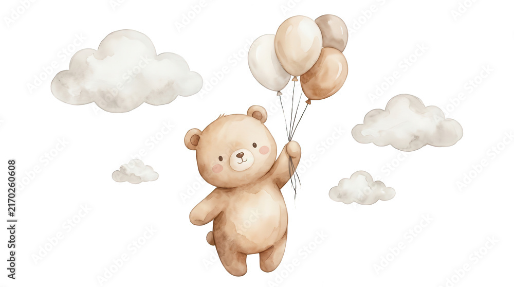 Fototapeta premium Watercolor illustration of a cute brown teddy bear holding a bunch of festive balloons floating peacefully among soft fluffy cumulus clouds in a gentle sky scene animal toy