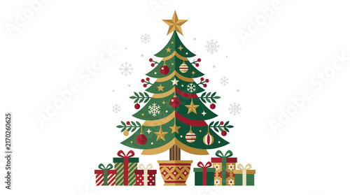 Festive Christmas Tree with Wrapped Presents Vector Illustration