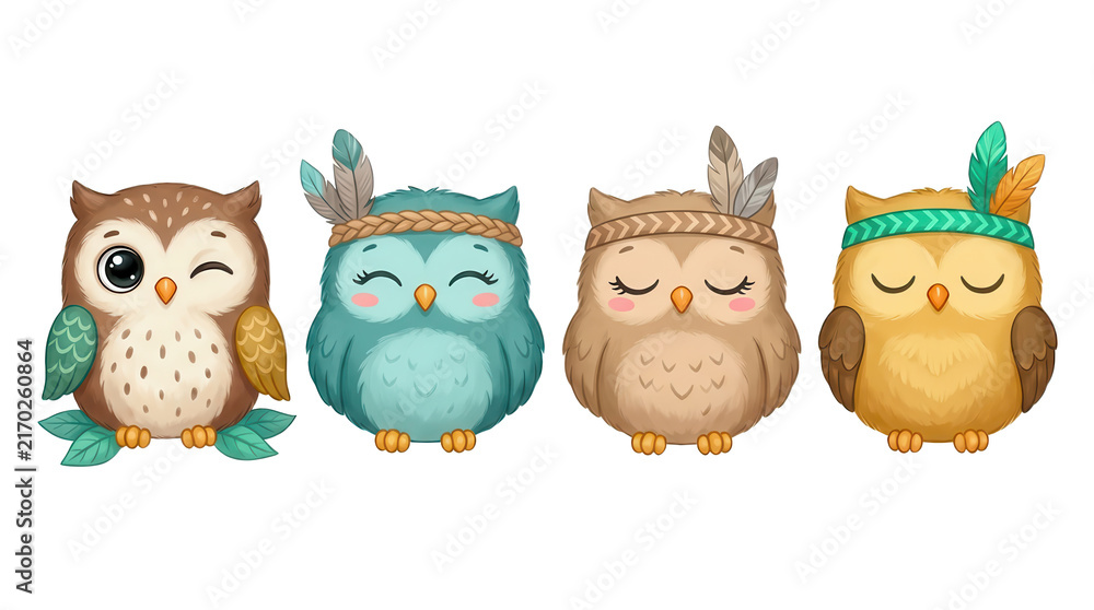 Fototapeta premium Four cute cartoon owls decorated with colorful feathers and braided headbands displayed together The characters feature different facial expressions and lovely pastel colors in a fun design