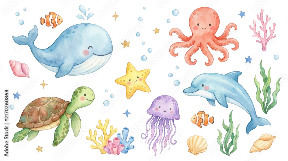 Obraz premium Watercolor illustration set featuring cute sea animals including whale dolphin octopus turtle starfish jellyfish fish coral reefs seashells and bubbles floating around ocean