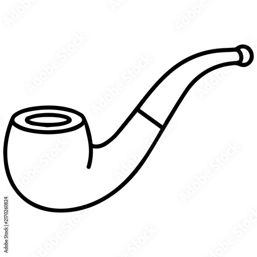 Black and white simple line art icon of a classic smoking tobacco pipe with illustration minimalist isolated