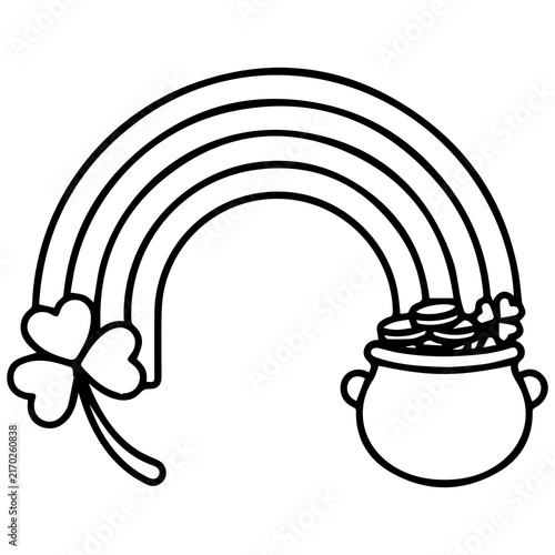 Outline graphic of a rainbow combined with a pot of gold and clover st patricks day shamrock leprechaun