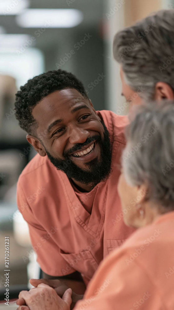Fototapeta premium Caring Hands, Kind Heart: A cheerful healthcare professional shares a warm moment with an elderly patient, offering a smile and reassurance that brightens their day.