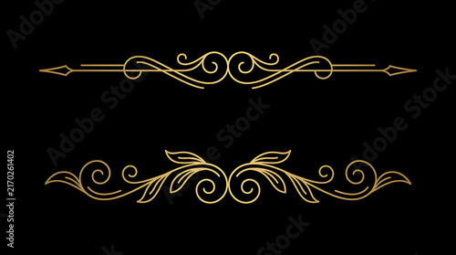 Vintage gold filigree dividers and luxury ornamental borders set. Elegant golden flourish line art elements on black background for premium wedding invitations and high-end branding. Classic